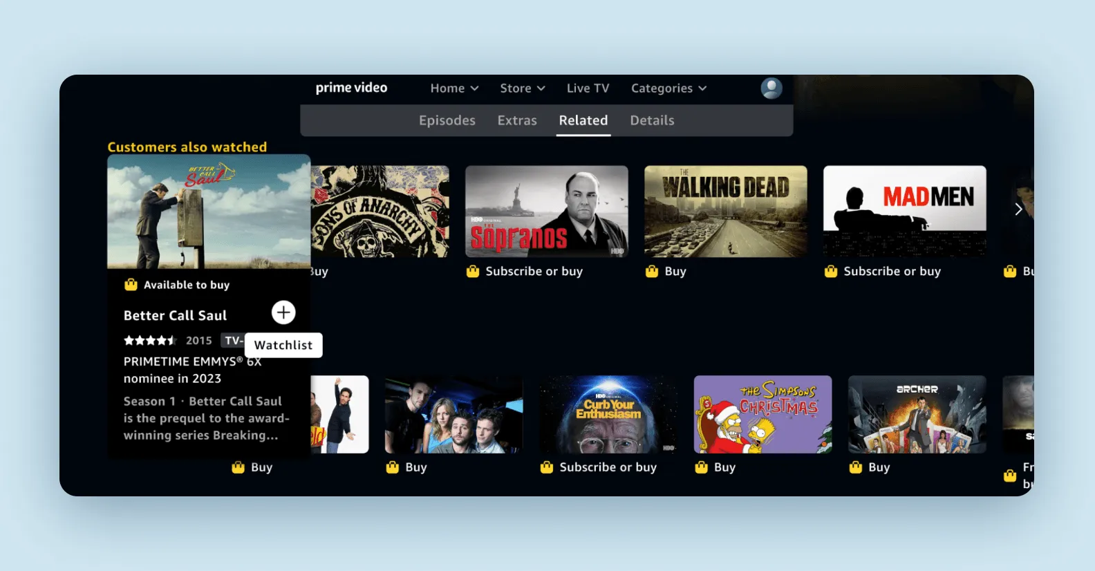 the Amazon Prime Video service screen, which demonstrates adding media to a user's watchlist