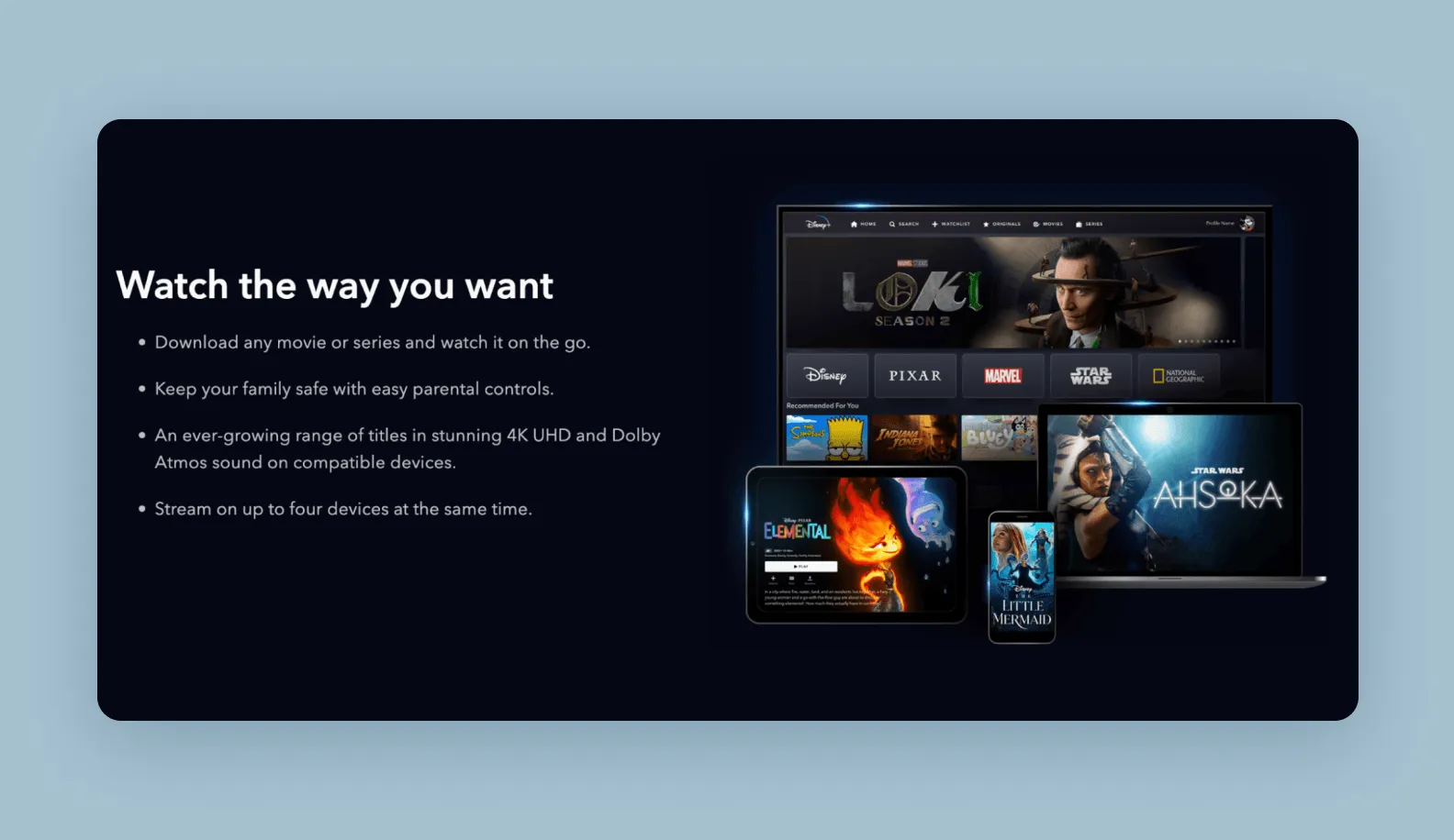 the Disney+ service screen, which highlights the ability to watch movies offline