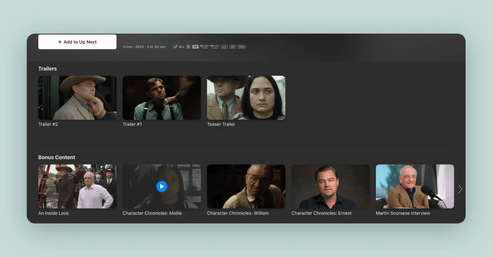 Apple TV service screen showing bonus content about the making of the movie