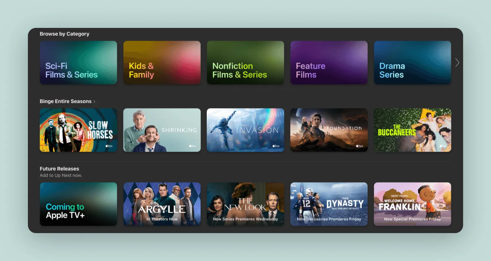 screen of Apple TV service, showcasing the minimalistic design of the streaming platform