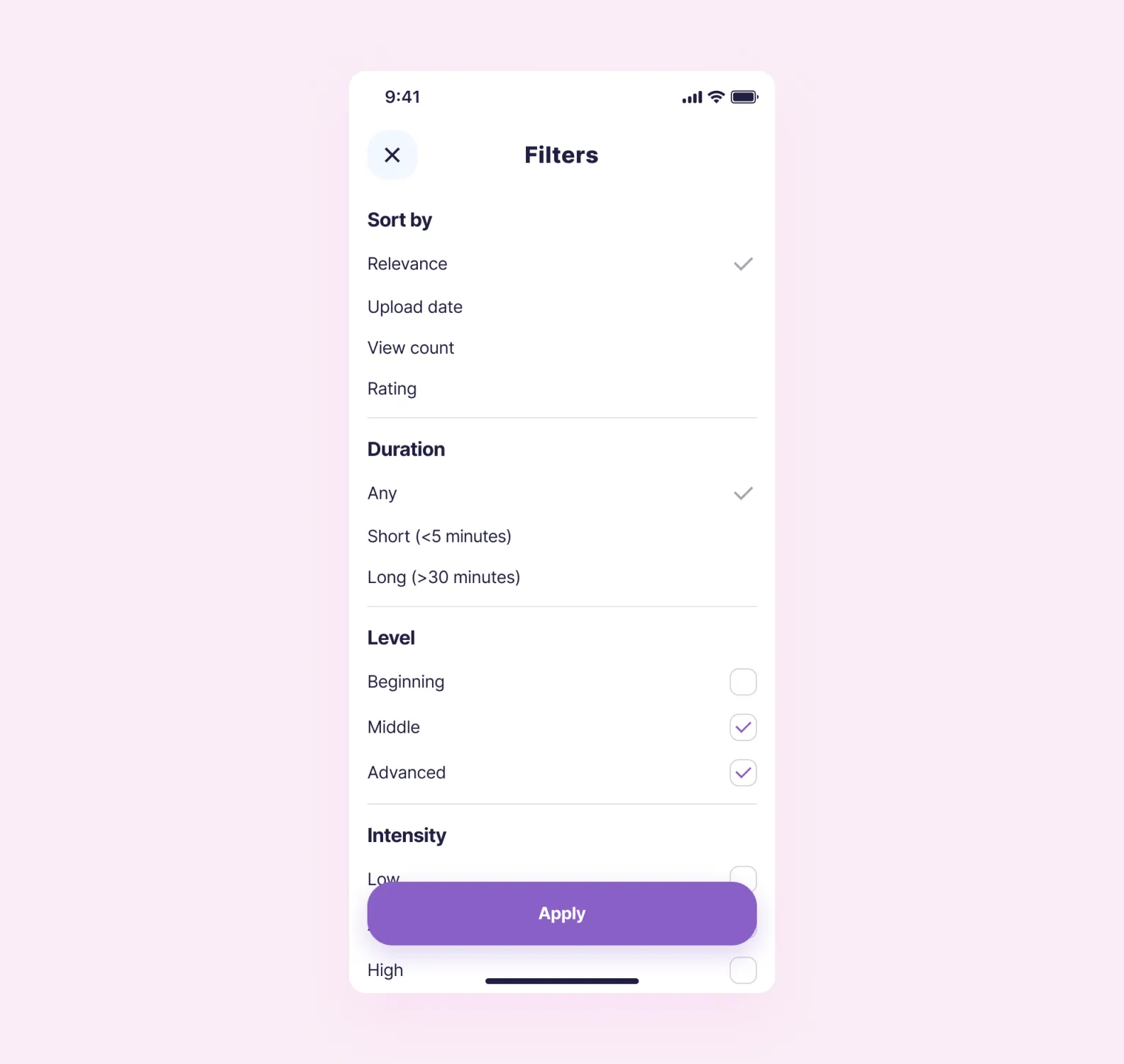 filters help find pre-built workouts for specific needs