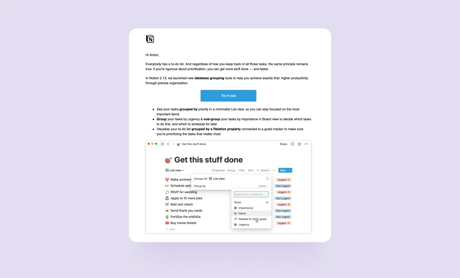 Пример письма с анонсом новой фичи — с помощью такой рассылки Notion анонсировали функцию группировки заданий