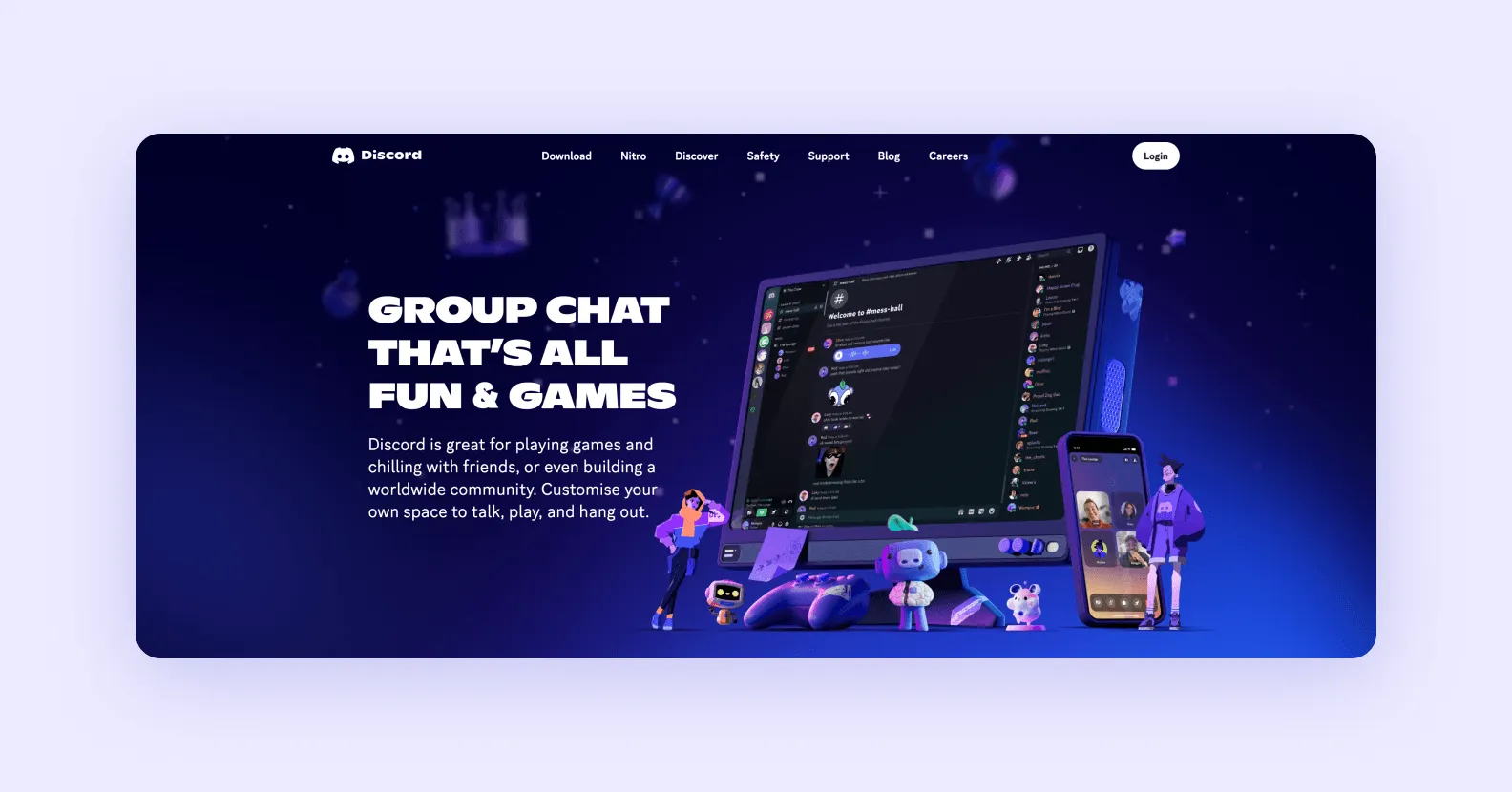  home page of discord.com describing Discord’s benefits for users
