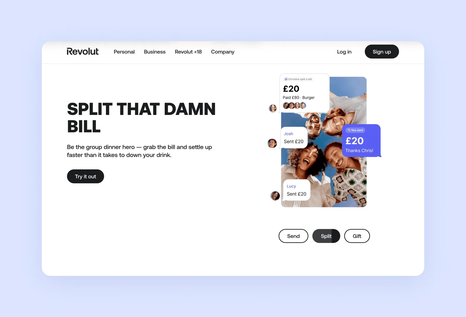 page on revolut.com advertising Revolut’s bill-splitting feature