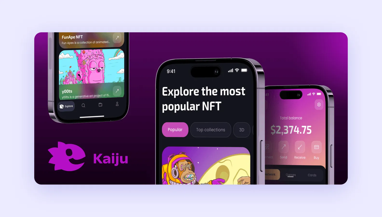  screens of Kaiju crypto wallet app developed by Purrweb