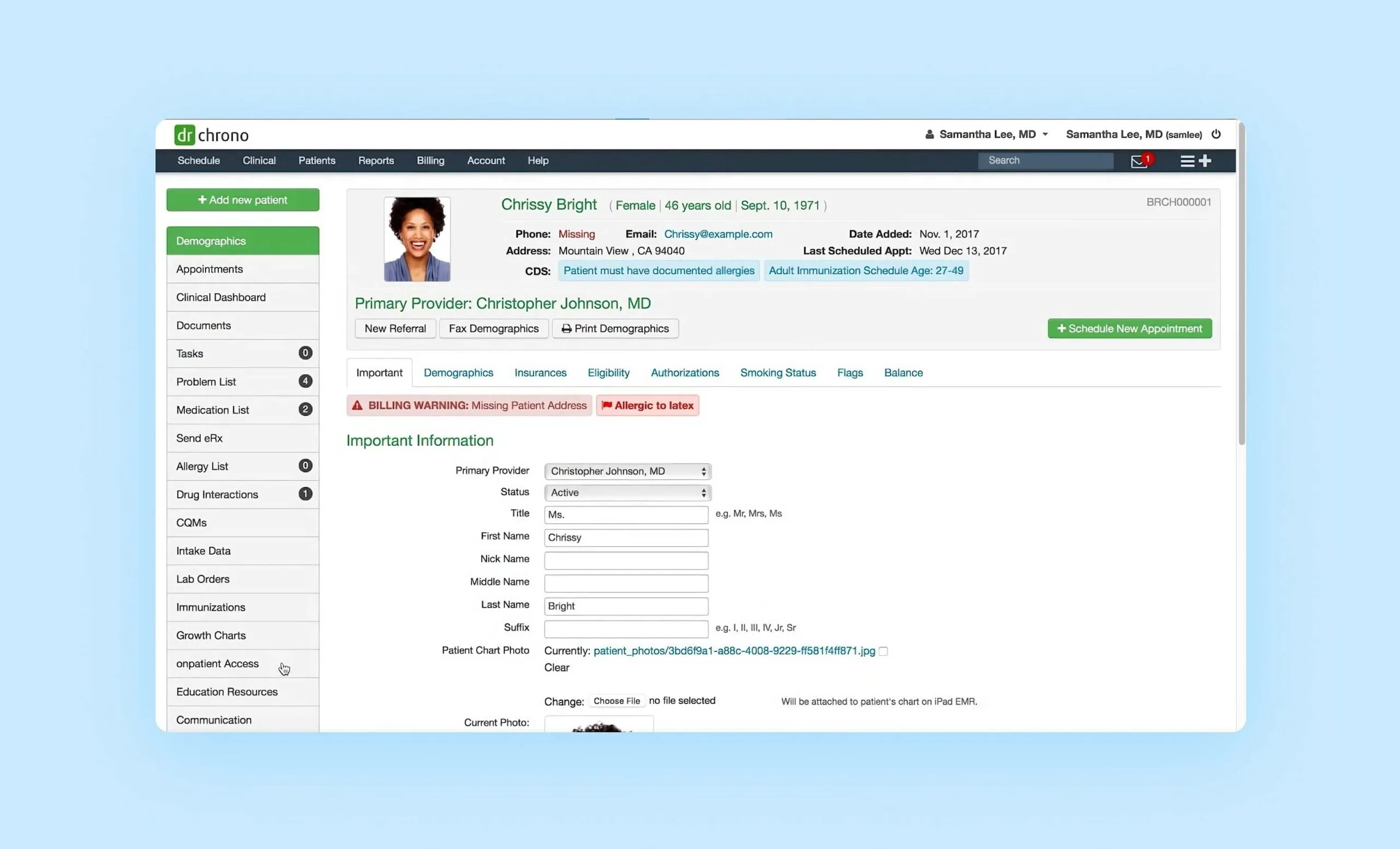 The main screen of the DrChrono app, displays patient information, appointment schedules, medical records, and a variety of functional buttons and navigation elements. 