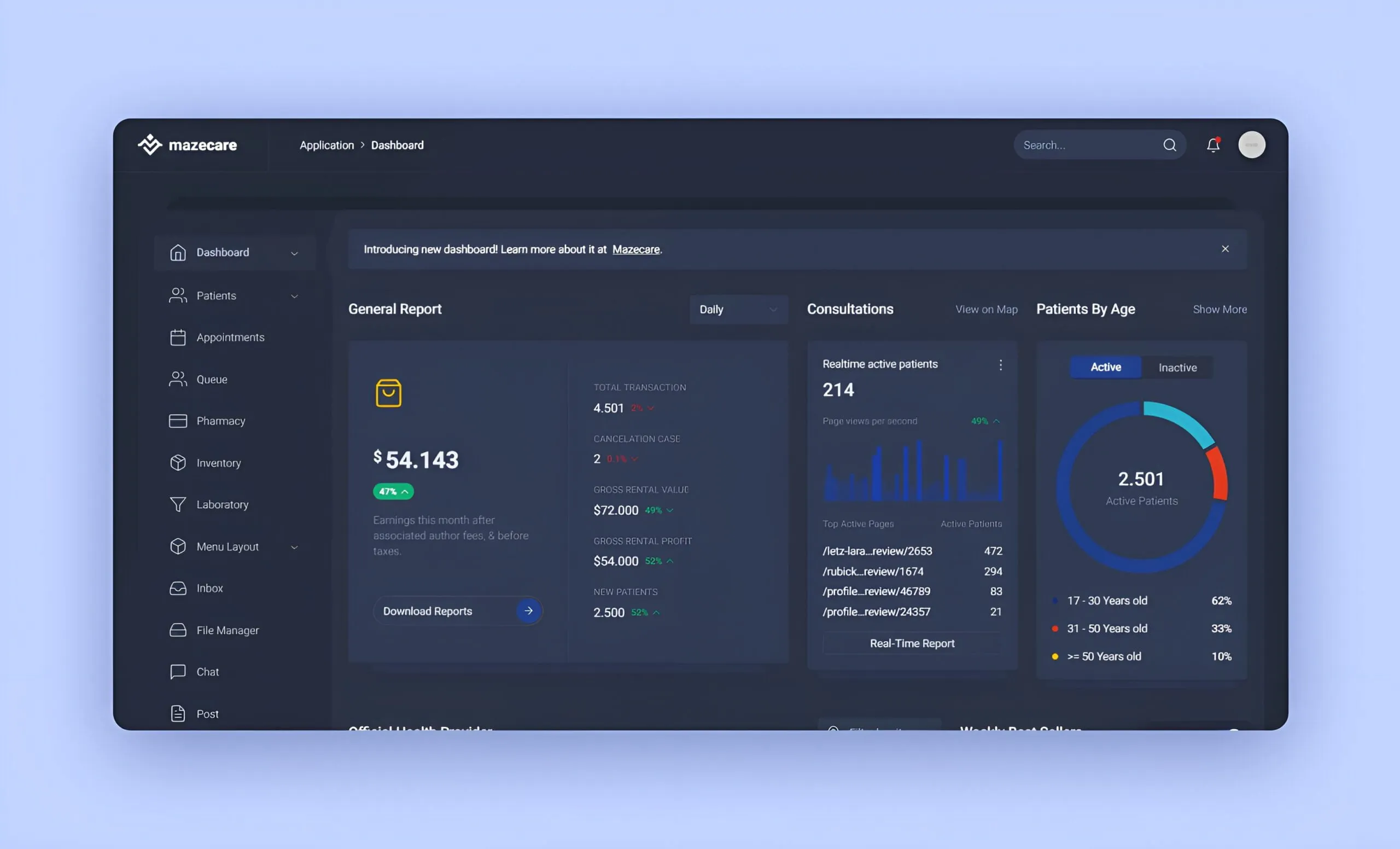 Mazecare dashboard, dark-themed interface