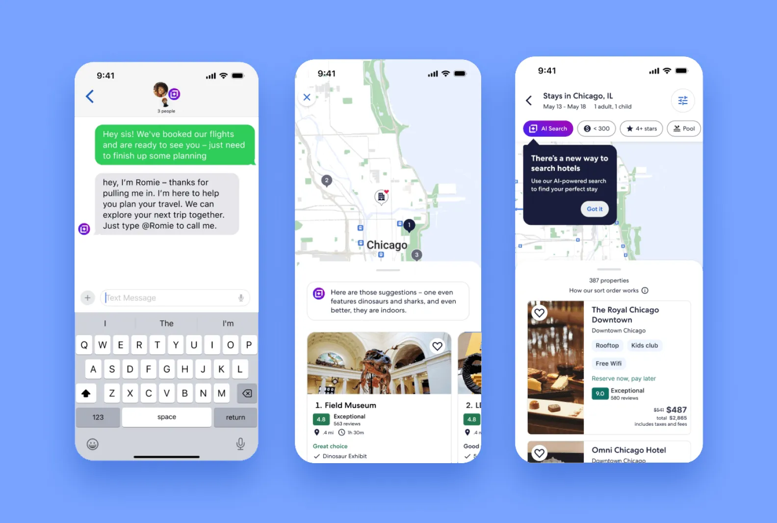 Screenshots of Expedia’s new AI-powered search pages