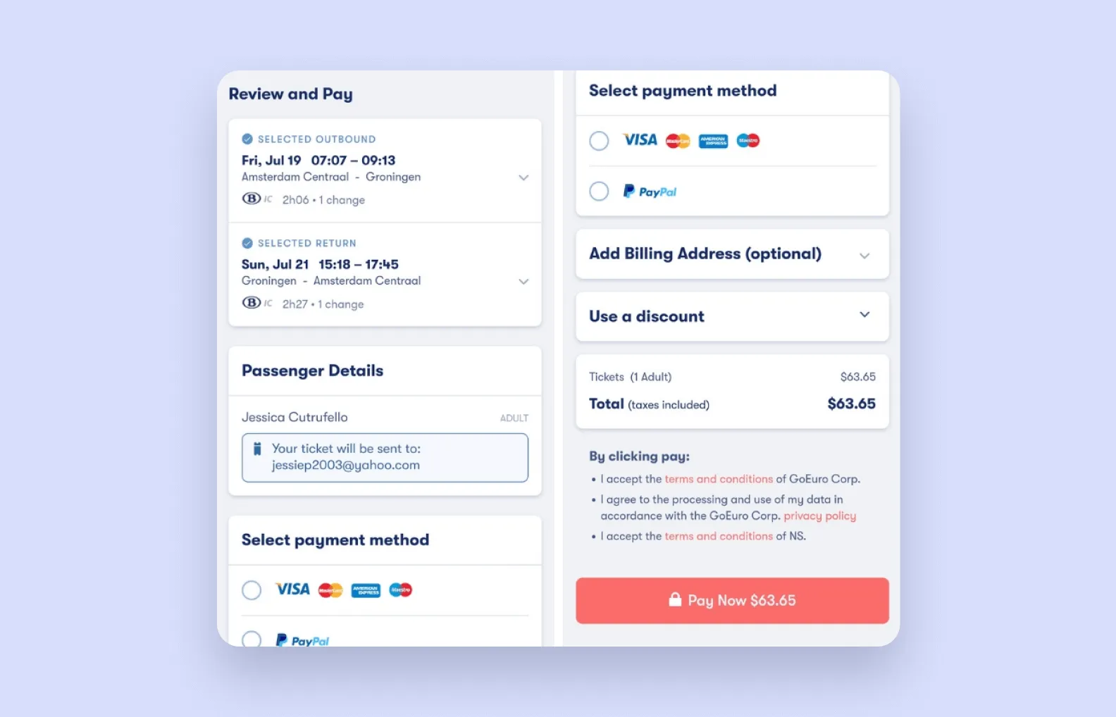 Screenshots of a payment screen of the Omio app