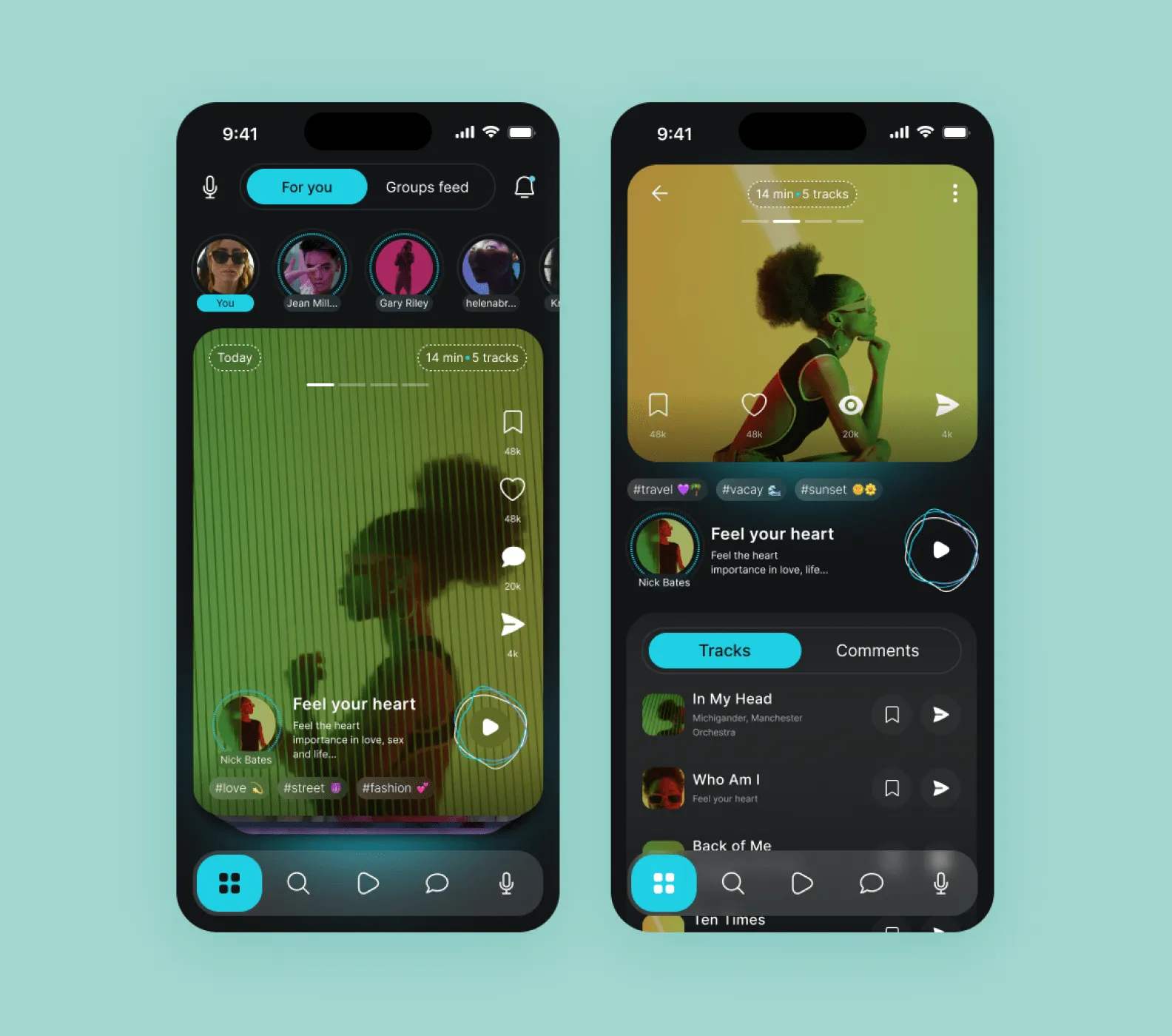 Two screens of a music streaming app