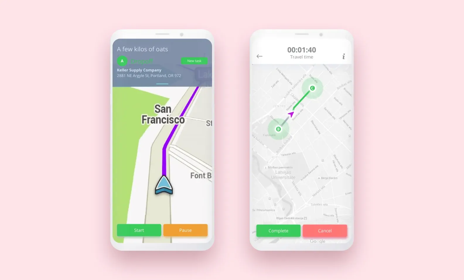 Screenshots of map interface in Cargo logistics app