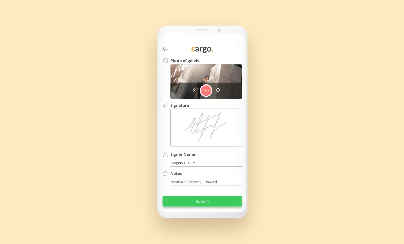 Screenshot of the delivery page in Cargo logistics app