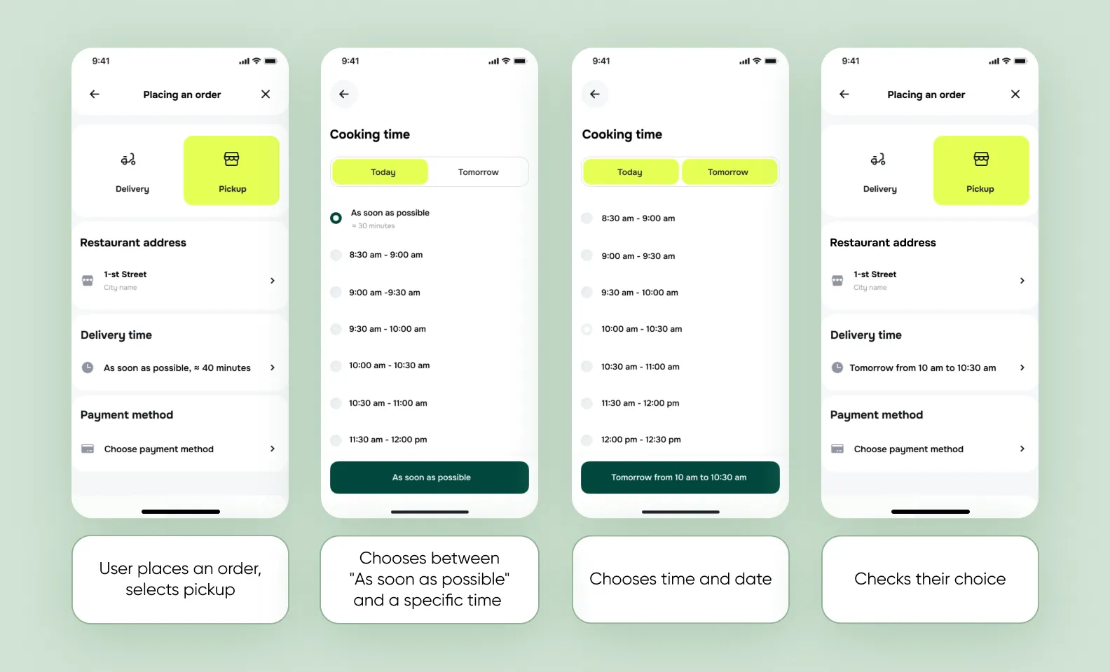 Screenshots of different user scenarios in Panam Pizza app