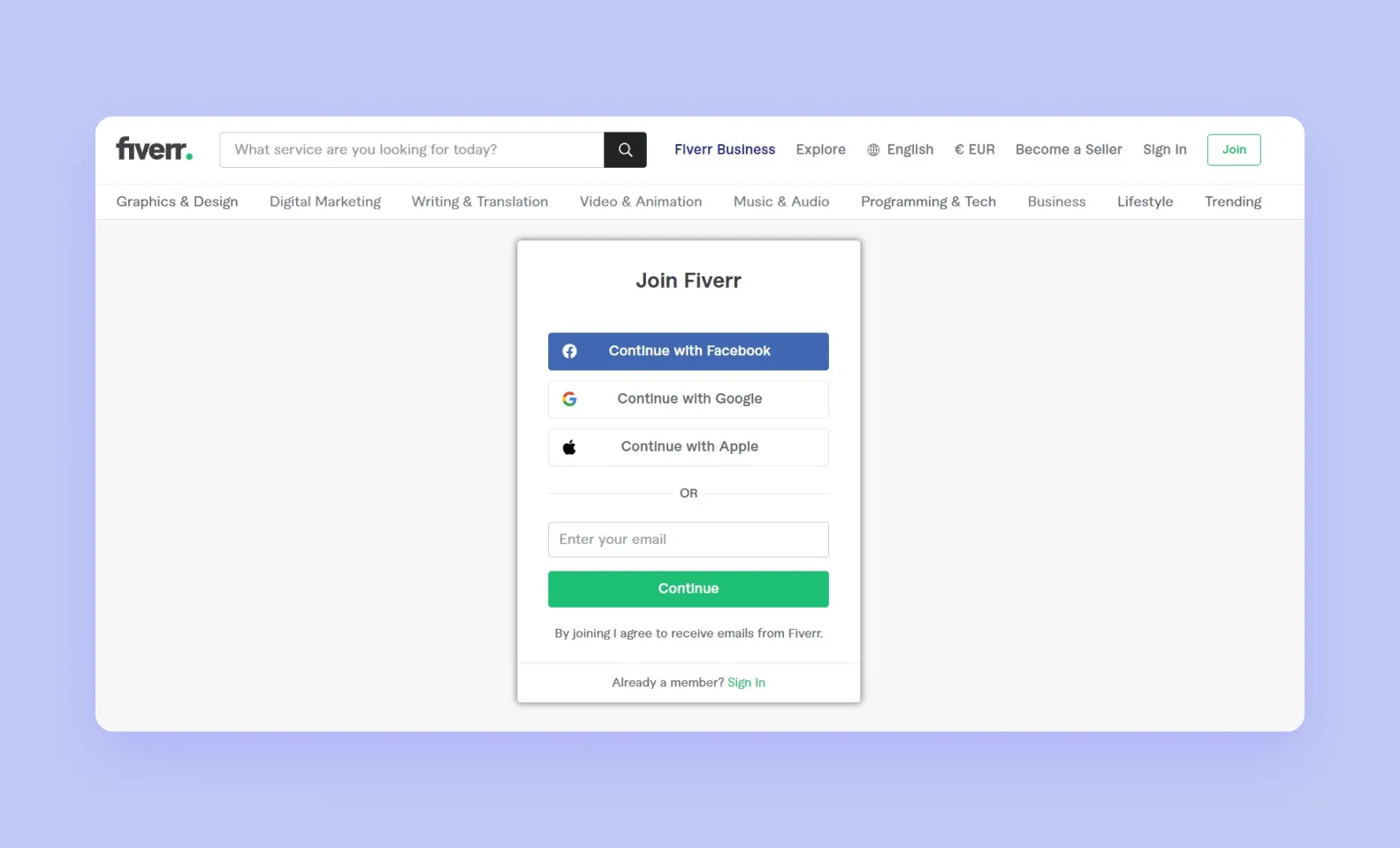 Регистрация на Fiverr скриншот