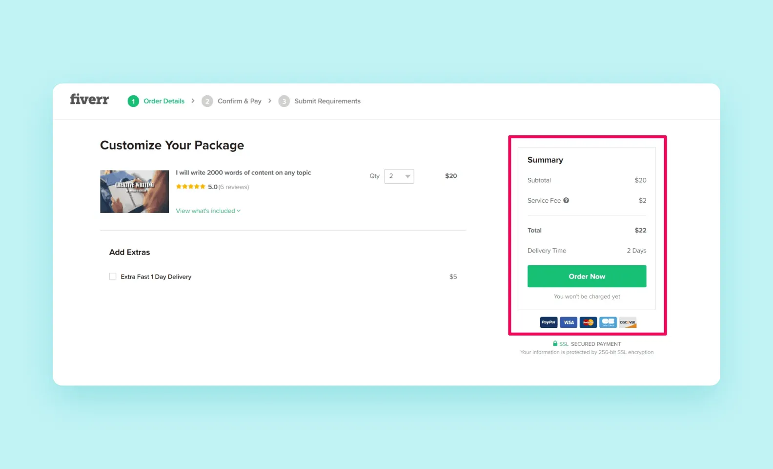 Оплата услуг на Fiverr — скриншот