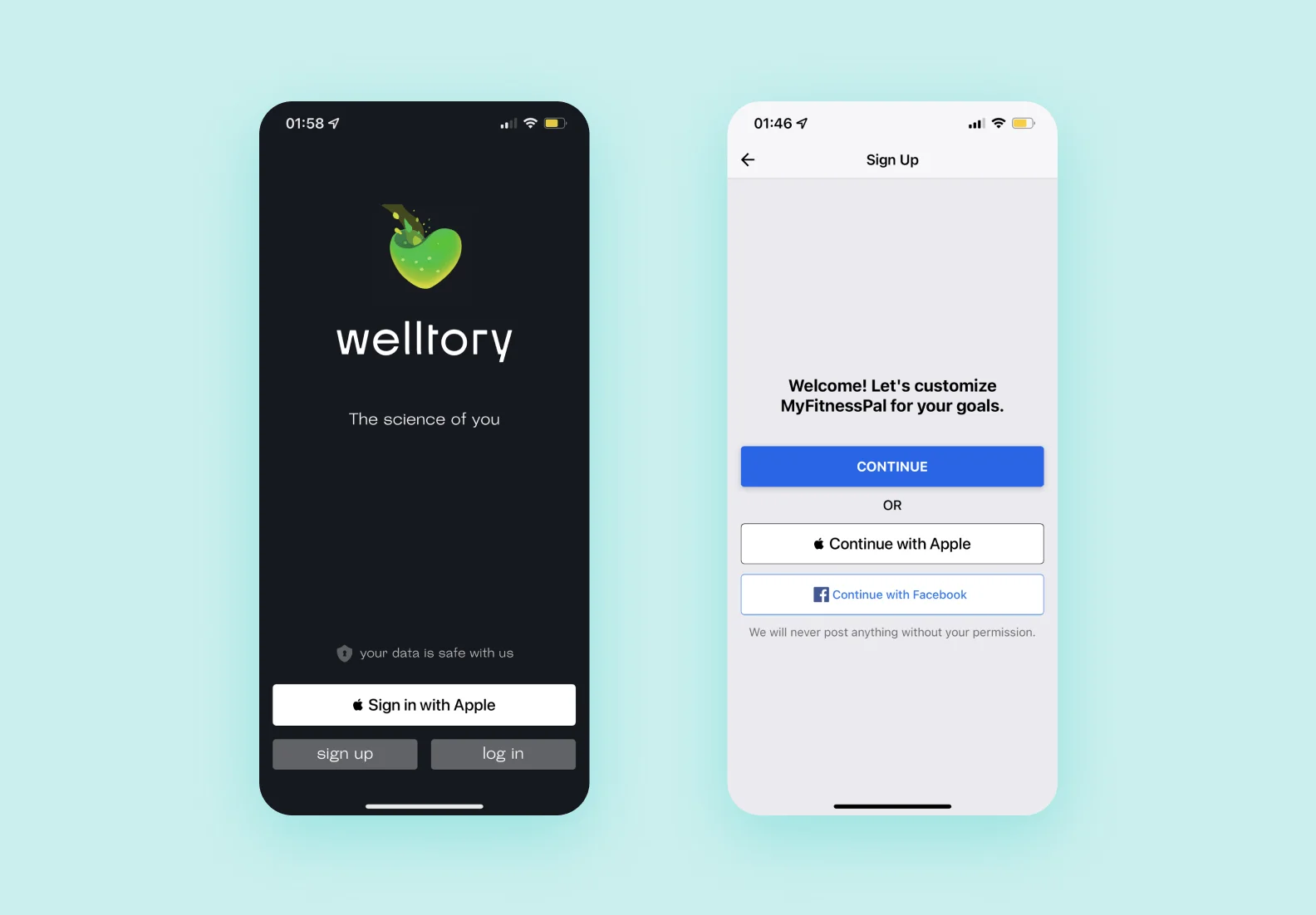 Приветственные экраны в MyFitnessPal и Welltory